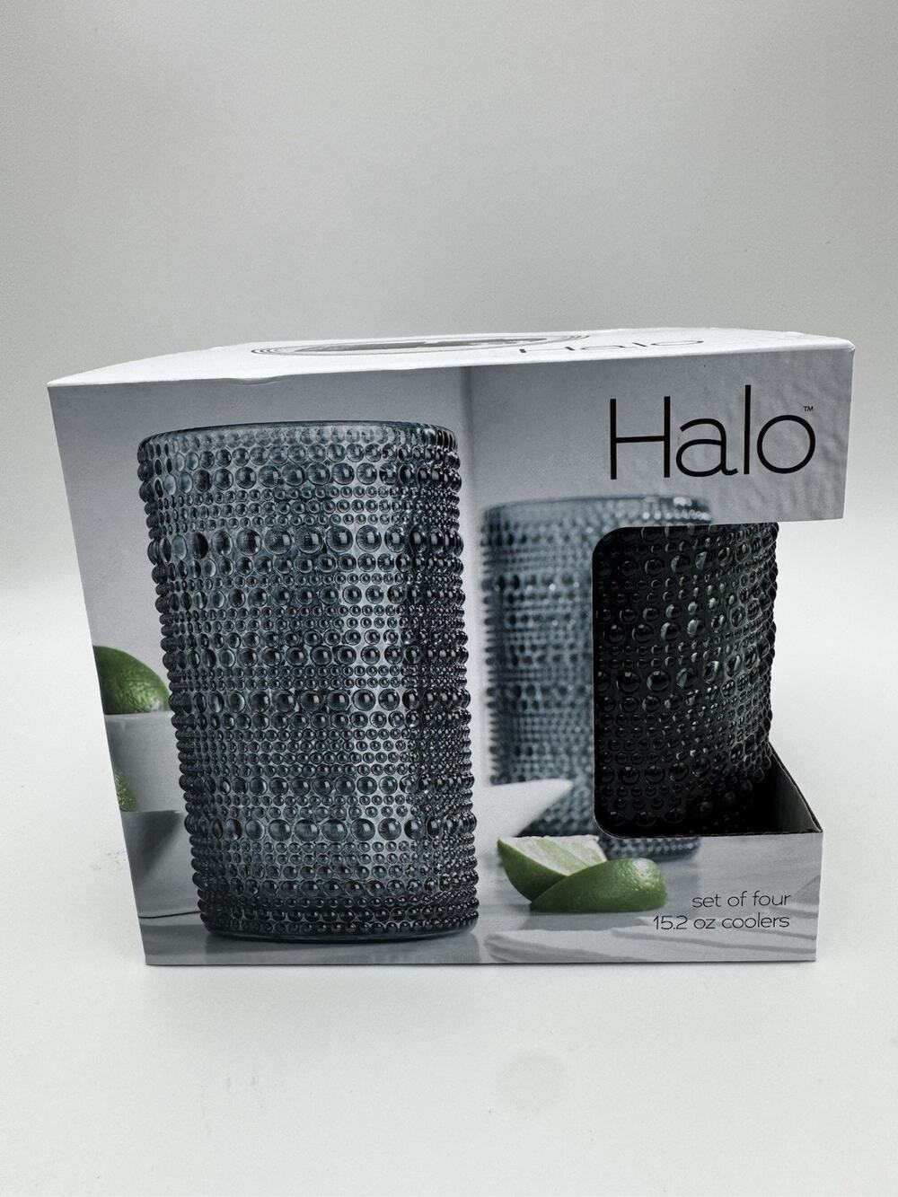 Halo Set of 4 Gray Hobnail Glass Tumblers 15.2 oz Drinking Glasses NIB